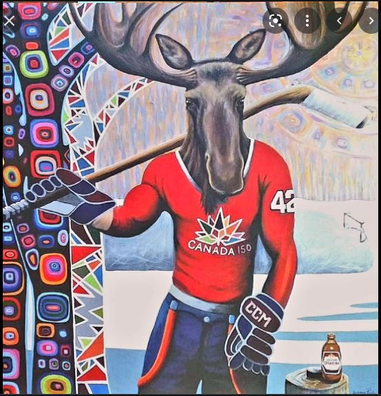 Hockey Moose painting by artist Wynne Parkin